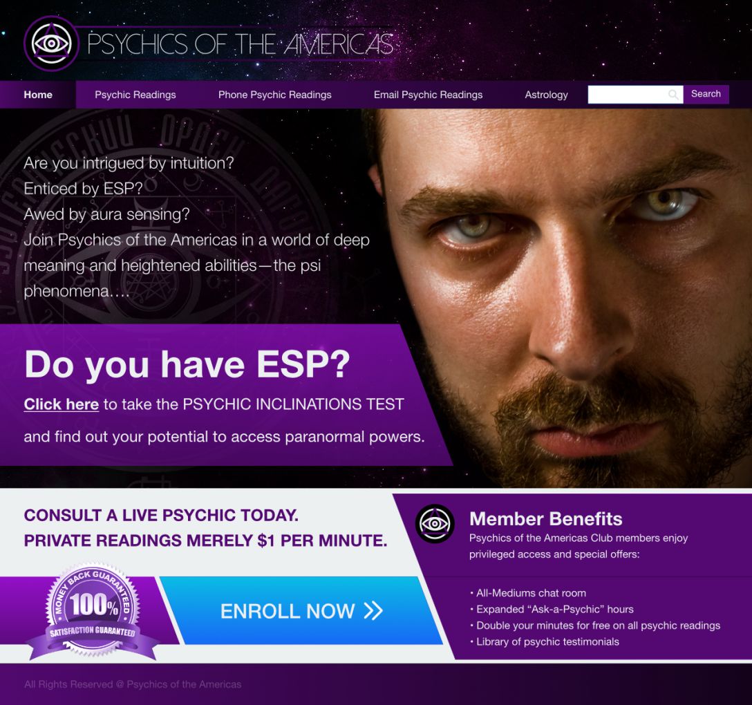 This is a mock psychic phenomenon website that claims to help its users determine if they have ESP.