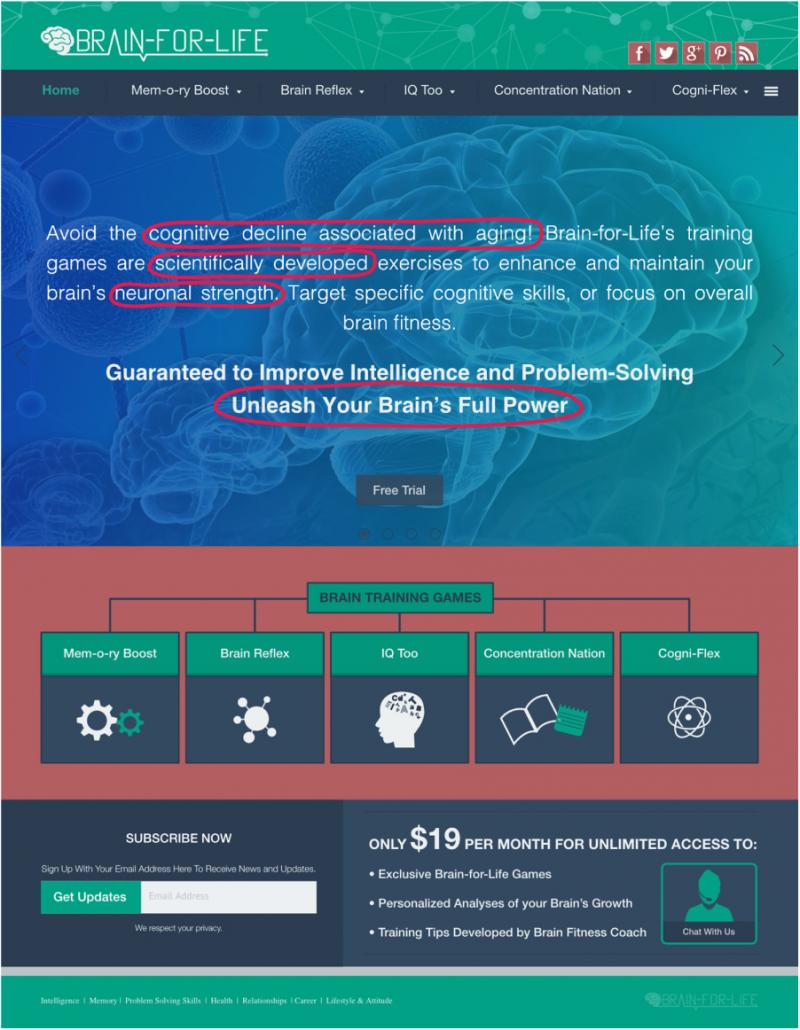 A mock website with the pseudoscientific strategies marked.