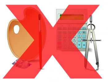 illustration of art tools and mathematical tools with large red X crossing it out.