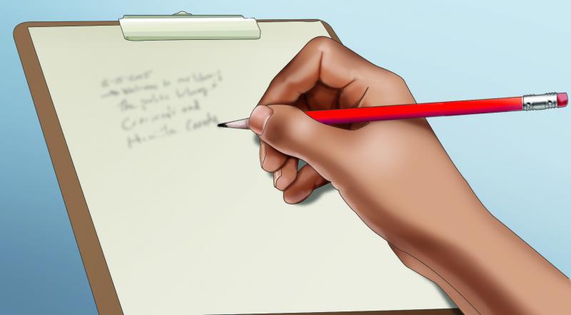 a nonwhite hand making illegible notes on a clipboard