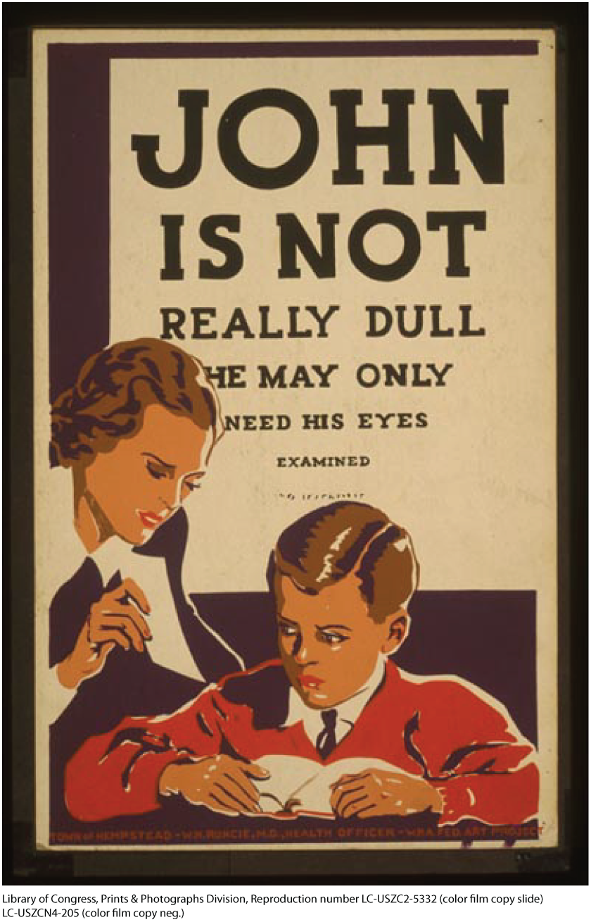 The illustration shows a woman teaching a young boy. A poster in the background reads “JOHN IS NOT REALLY DULL HE MAY ONLY NEED HIS EYES EXAMINED.”