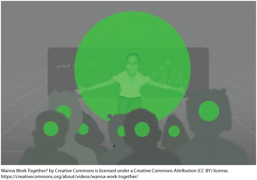 A photo shows a group of students looking at a teacher who is standing with open arms. A large green circle is surrounding the teacher. Small green circles are shown lighting up in every student’s head.