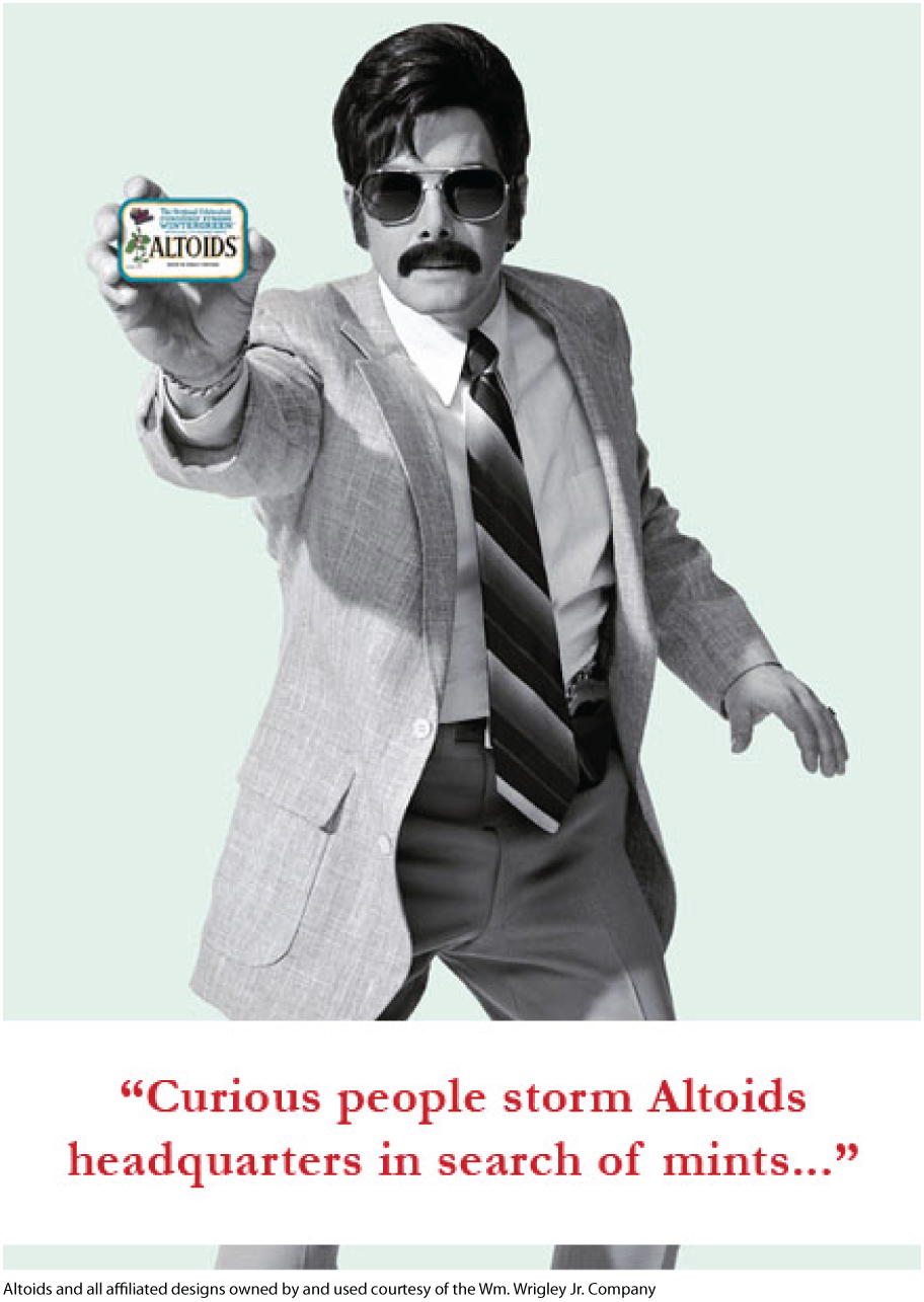 A poster shows a man with a moustache wearing a suit, holding a small altoids mint box. The text below reads Curious people storms altoids headquarters in search of mints.
