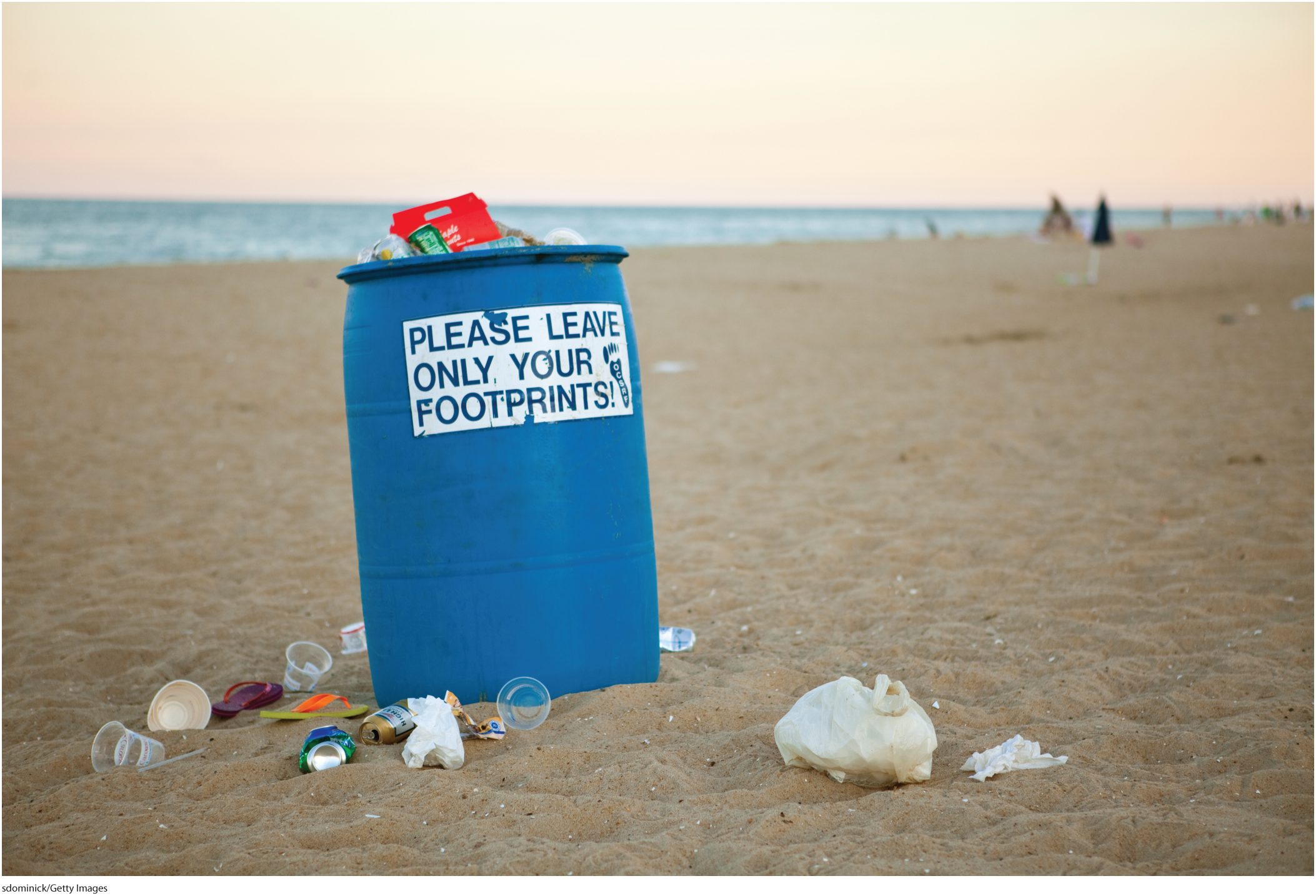A photo shows a trash can filled with garbage placed in the middle of a beach. The text written on the bin reads, Please leave only your footprints.