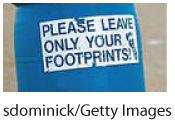 A cropped photo of the sign on the trash can, which reads Please leave only your footprints.