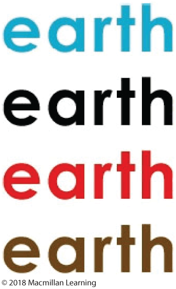 The word 'earth' is repeated in blue, black, red, and brown fonts one below the other.