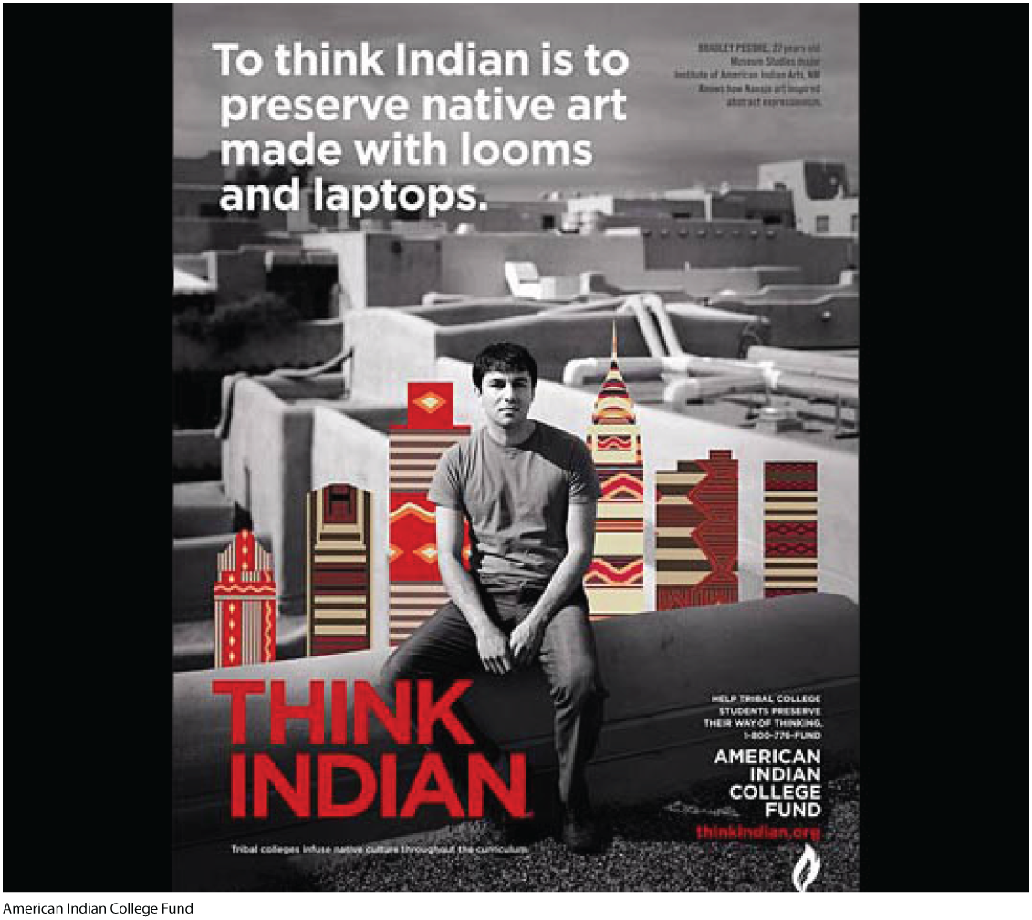 A “Think Indian” poster shows a man sitting on a hedge. A few buildings and illustrations of various building are shown in the background. The poster reads, “To think Indian is to preserve native art made with looms and laptops.” 
