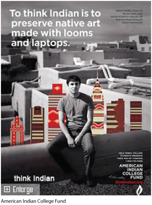 A poster of “Think Indian” shows a man sitting on a hedge. A few buildings and illustrations of various building are shown in the background. The poster reads, “To think Indian is to preserve native art made with looms and laptops.” 