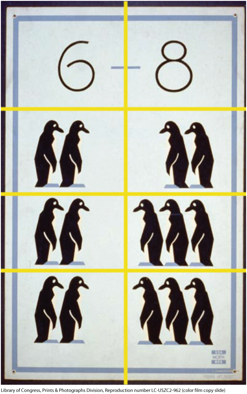 The illustration shows 6 penguins on the right and 8 penguins on the left. 2 rows and 8 columns are created with yellow lines. A button on the left corner reads “Enlarge” and shows a plus icon. 