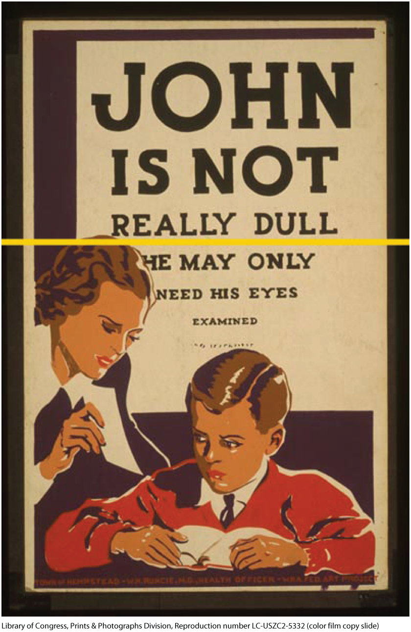 An illustration shows a woman teaching a boy. A poster in the background reads JOHN IS NOT REALLY DULL HE MAY ONLY NEED HIS EYES EXAMINED. A horizontal yellow line is drawn across the poster above the words Really Dull.