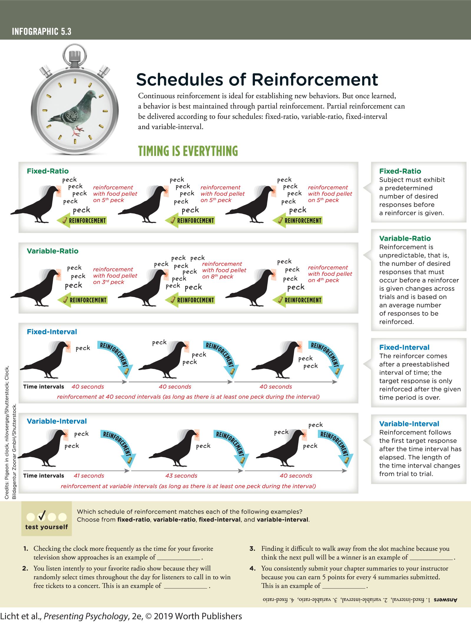 An infographic titled, Schedules of Reinforcement explains Fixed-ratio, Variable-Ratio, Fixed-Interval and Variable-Interval; keeping the behavior of a pigeon as an example. You can read full description from the link below