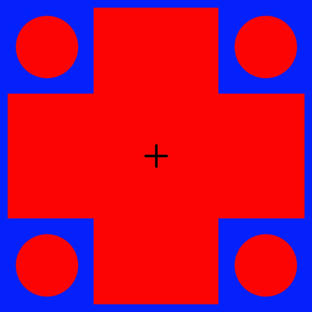 The bright blue square with four red circles located at its angles and a huge red cross placed at its center.