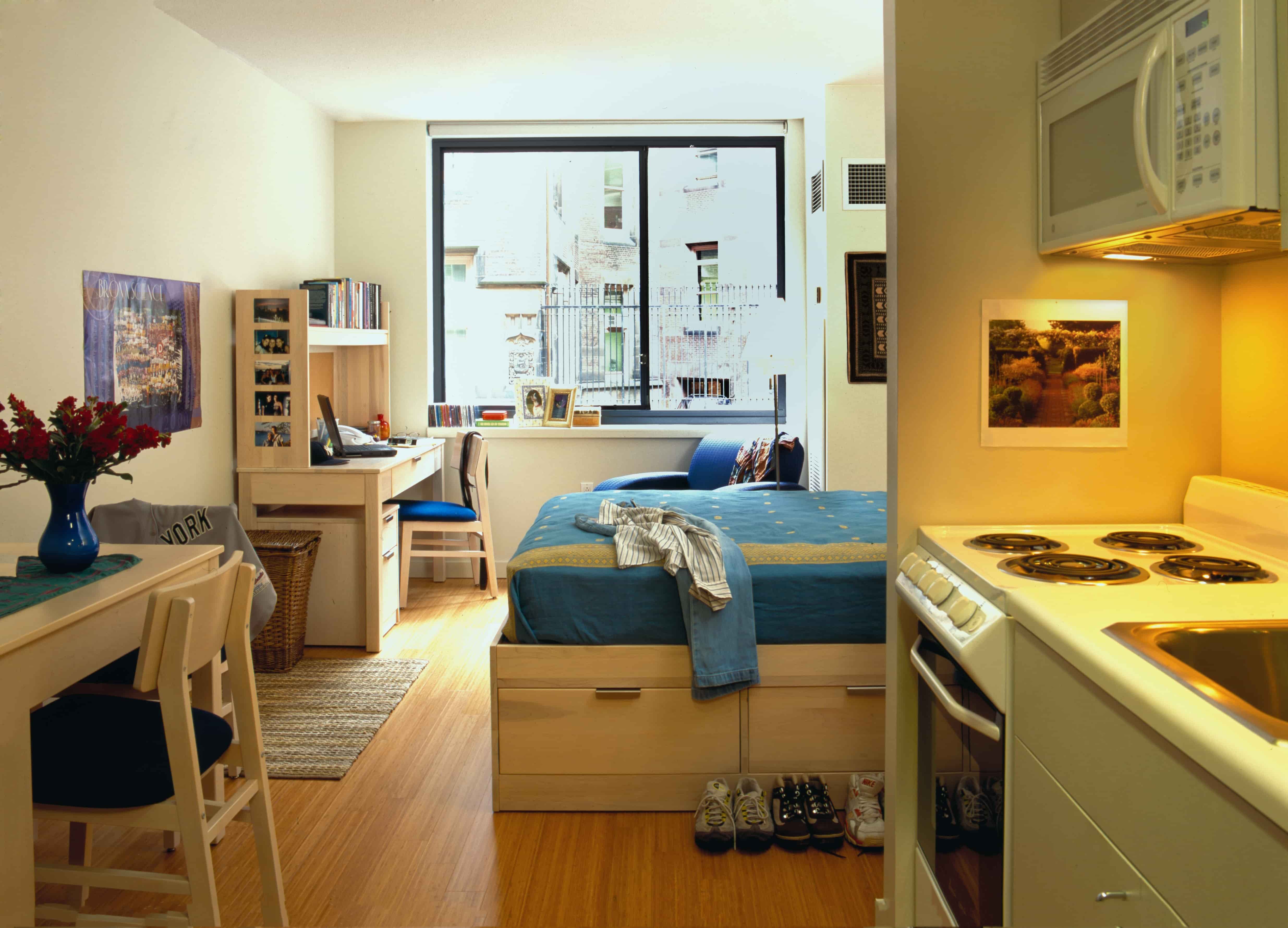 Living room and kitchenette in apartment.