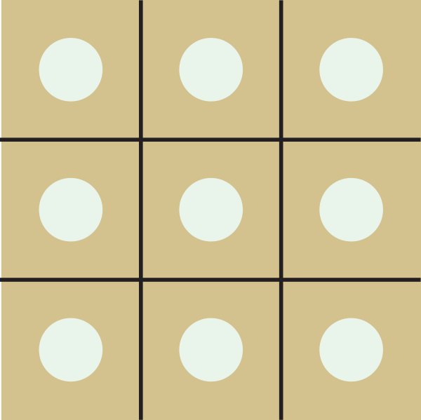 A square is divided into 9 equal squares by 2 vertical and 2 horizontal lines. A small circle is drawn in each square.