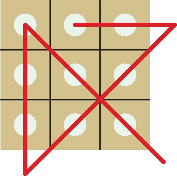 A square is formed by 9 equal squares with small circles. Four line segments pass through the center of each square. To achieve it, the line segments are extended outside of the square.