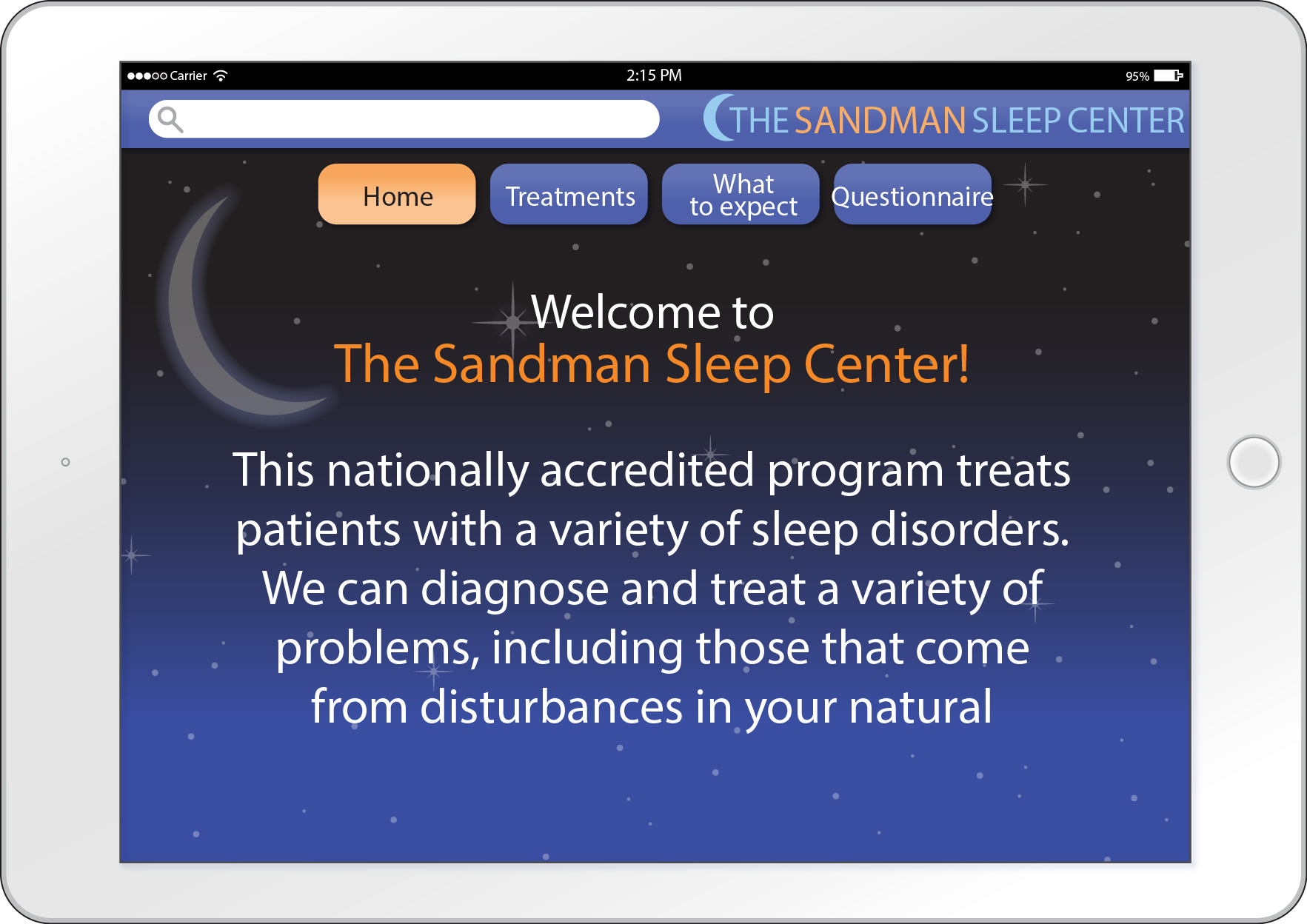 The homepage of the website of The sandman sleep center. The page contains four tabs: home, treatments, what to expect, and questionnaire.