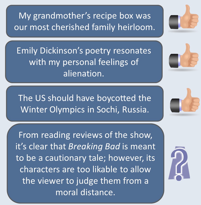 Examples of your own ideas. Example number one. My grandmother’s recipe box was our most cherished family heirloom. Example number two. Emily Dickinson’s poetry resonates with my personal feelings of alienation. Example number three. The US should have boycotted the Winter Olympics in Sochi, Russia. Example of a sentence that may not be your own idea. From reading reviews of the show, it’s clear that Breaking Bad is meant to be a cautionary tale; however, its characters are too likable to allow the viewer to judge them from a moral distance.