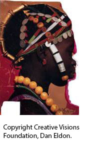 Close-up of a woman’s face and her traditional African attire from Dan Eldon’s collage. Colorful beads and jewlery are all around the woman’s head, ears, and neck.