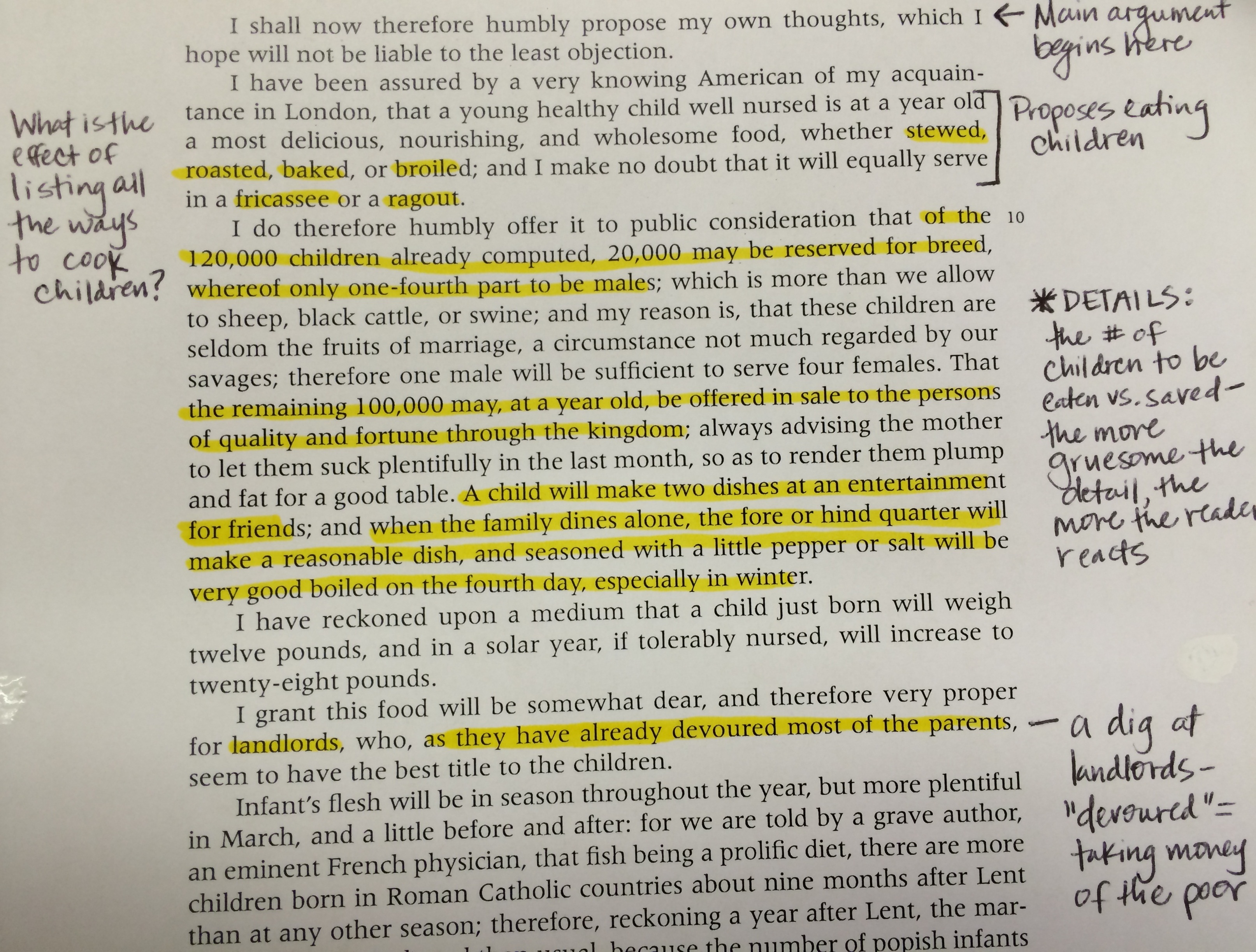 Essay with highlighted text and notes in the margins