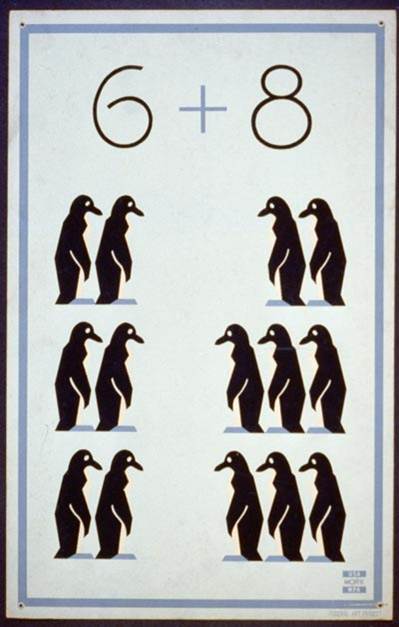 WPA poster. The equation “6 + 8” is at the top in large font, with six animated penguins in neat rows of two below the numeral 6 facing 8 matching penguins below the numeral 8.