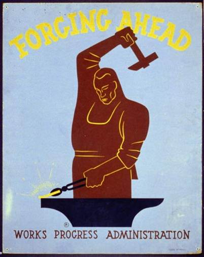 WPA poster. The phrase “FORGING AHEAD” is prominently placed in capital letters at the top, above a statuesque rendering of a blacksmith holding a sickle high above his head, ready to strike the iron he is holding in tongs below. The group’s full name, Works Progress Administration, is listed at the bottom.