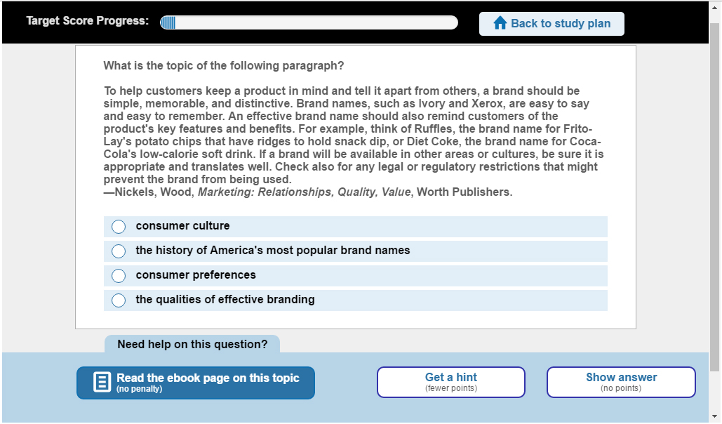 A screenshot of a page demonstrating a slide of an interactive course with multiple choice, current progress, hint and show answer buttons.