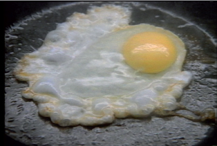Photo of an egg on a frying pan.