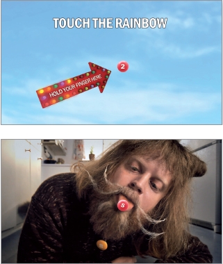 The figure is a sequence of two images. The first shows a Skittles candy on a blue sky background. There is a colored arrow pointing to the candy. It is labeled Hold your finger here. The second image is a photo of a man with beard and moustache, with his tongue out. There is a Skittles candy on his tongue, and another candy is on his beard. 