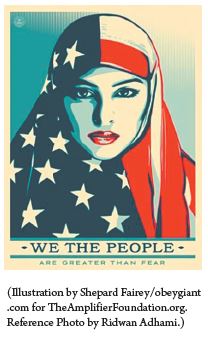 An image of a woman with the US flag used as a hijab. The text “We the people are greater than fear” is shown at the bottom.