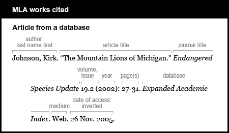 MLA works cited example: Article from a database. Author is given last name first: Johnson, Kirk. Article title is “The Mountain Lions of Michigan.” Journal title is Endangered Species Update. It is italicized. Volume, issue: 19.2. Year is (2002). Page(s): 27-31. Database is Expanded Academic Index. It is italicized. Medium is Web. Date of access is inverted: 26 Nov. 2005.