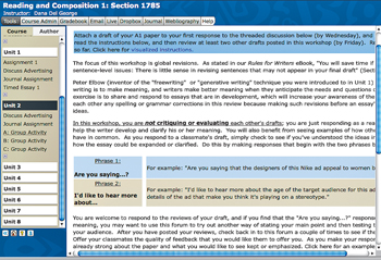 Figure. Web page has the title "Reading and Composition I: Section 1785." At the left is a menu of assignments and activities listed by unit. Most of the screen consists of an explanation of a peer review activity. The instructor has asked students to upload a copy of a draft with peer review comments on it.
