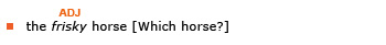 Example: the frisky horse [Which horse?] Explanation: The adjective frisky answers the question Which horse?