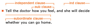 Example sentence: Tell the doctor how you feel, and she will decide whether you can go home. Explanation: This is a compound-complex sentence. It consists of two independent clauses and two subordinate clauses. The first independent clause is Tell the doctor how you feel. The subordinate clause within that clause is how you feel. The second independent clause is she will decide whether you can go home. The subordinate clause within that clause is whether you can go home.