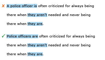 Incorrect example sentence: A police officer is often criticized for always being there when they aren't needed and never being there when they are. Correct example sentence: Police officers are often criticized for always being there when they aren't needed and never being there when they are.
