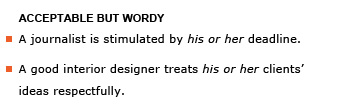 Heading: Acceptable but wordy. Example sentence: A journalist is stimulated by his or her deadline. Example sentence: A good interior designer treats his or her clients’ idea respectfully.