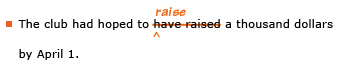 Example sentence with editing. Original sentence: The club had hoped to have raised a thousand dollars by April 1. Revised sentence: The club had hoped to raise a thousand dollars by April 1. Explanation: The verb 'have raised' has been replaced by 'raise.'