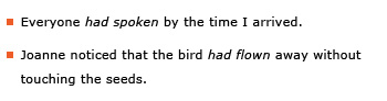 Example sentences: Everyone had spoken by the time I arrived. Joanne noticed that the bird had flown away without touching the seeds.