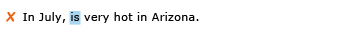 Incorrect example sentence: In July, is very hot in Arizona. Explanation: A subject is missing for the verb “is.” 