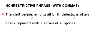 Heading: Nonrestrictive phrase (with commas).Example sentence with editing. Original sentence: The cleft palate among all birth defects is often easily repaired with a series of surgeries. Revised sentence: The cleft palate, among all birth defects, is often easily repaired with a series of surgeries. 