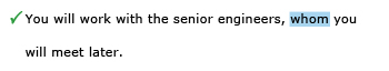 Correct example sentence: You will work with the senior engineers, whom you will meet later.