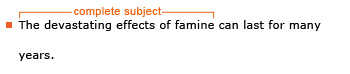 Example sentence: The devastating effects of famine can last for many years. Explanation: The complete subject is The devastating effects of famine.