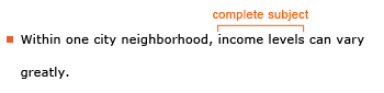 Example sentence: Within one city neighborhood, income levels can vary greatly. Explanation: The complete subject is income levels.