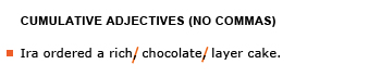 Heading: Cumulative adjectives (no commas). Example sentence with editing. Original sentence: Ira ordered a rich, chocolate, layer cake. Revised sentence: Ira ordered a rich chocolate layer cake. 