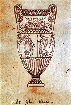 Image. A detailed drawing of an urn in an ancient Greek style. The drawing is signed By John Keats. The urn is on a small footed pedestal, with an open top. Around the rim at the top are two elaborately carved handles. The body of the urn is decorated with line drawings of idealized figures of men and women in classical dress.
