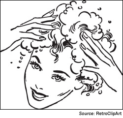 Image. Sketch of a woman rubbing shampoo into her hair. The sketch shows only the woman’s face, hair, and hands.
