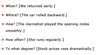 Example sentence: When? [We returned early.] Example sentence: Where? [The car rolled backward.] Example sentence: How? [The clarinetist played the opening notes smoothly.] Example sentence: How often? [She runs regularly.] Example sentence: To what degree? [Stock prices rose dramatically.]