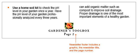 Figure. A sample newsletter footer including a graphic, the newsletter title, and the page number centered at the bottom of the page.