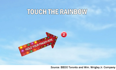 Image. Still picture from a TV ad. The background is a blue sky with wispy clouds. The heading at the top of screen, against the blue sky, is Touch the rainbow. An large red arrow labeled Hold your finger here points to a large dot with the number 2 on it (a piece of Skittles candy). Source B B D O Toronto and William Wrigley Junior Company.