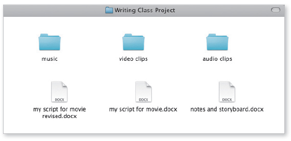 Image. Computer folder called Writing Class Project showing three folders and three files. Folders: music, video clips, audio clips. Files: my script for movie revised dot d o c x. my script for movie dot d o c x. notes and storyboard dot d o c x.