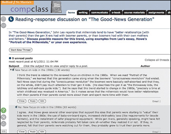 Figure. This Web page has the title "Reading-response discussion on 'The Good-News Generation.'" It shows the beginning of the discussion, with the instructor's prompt followed by two posts from students.